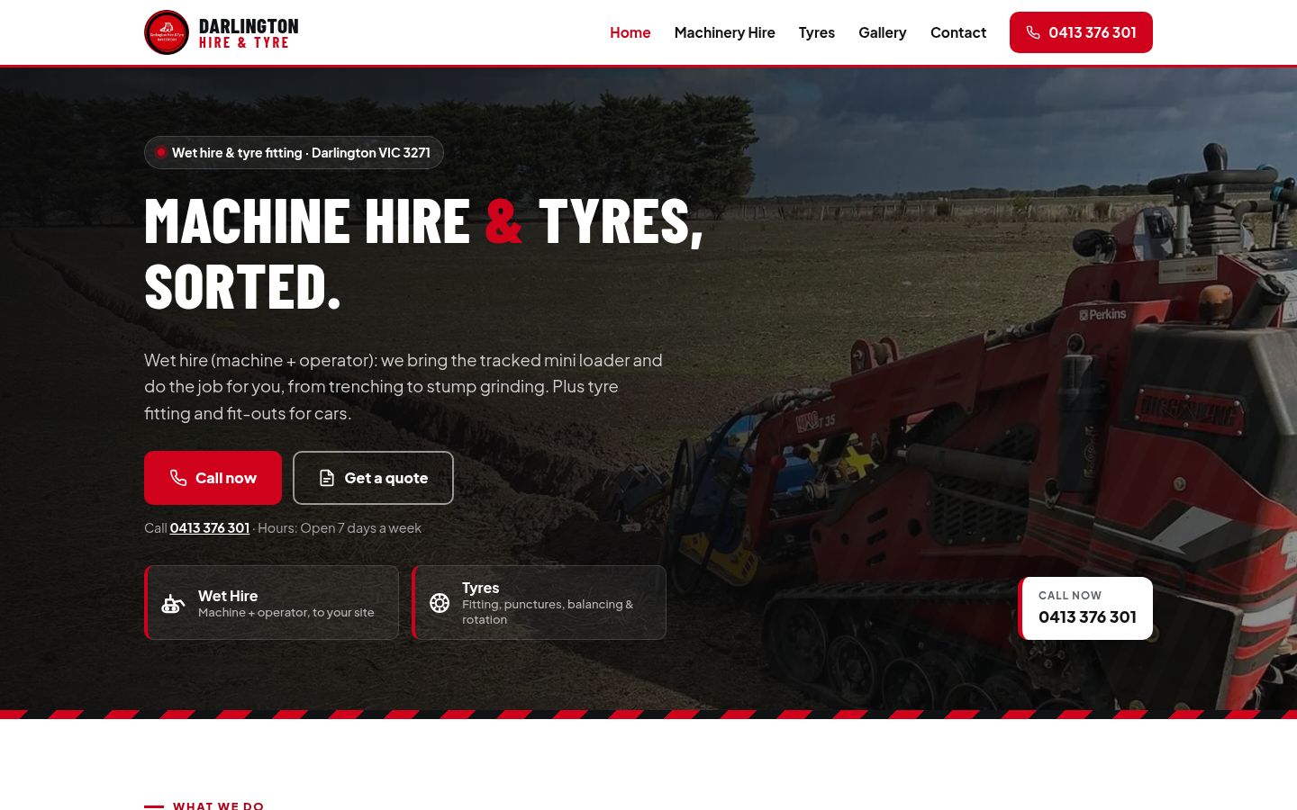 Darlington Hire & Tyre homepage on a desktop: a red tracked mini loader trenching a paddock, with Call now and Get a quote buttons