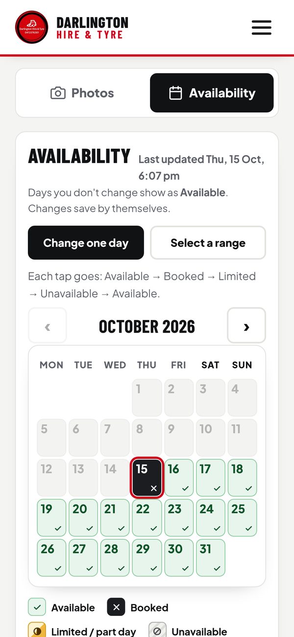 The availability app on his phone: Availability tab open, Change one day and Select a range buttons, and an October calendar with booked and available days