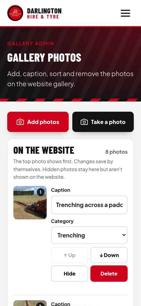The gallery app on his phone: Add photos and Take a photo buttons, and a photo with caption, category, Up, Down, Hide and Delete controls
