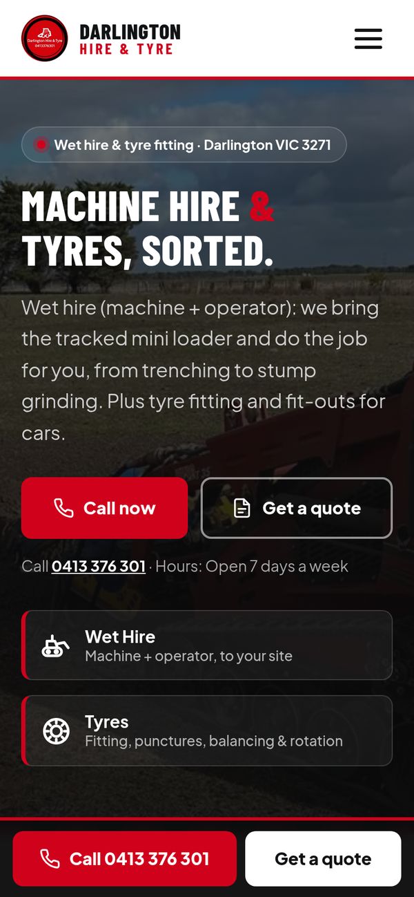 Homepage on a phone with Call now and Get a quote buttons and the sticky call bar